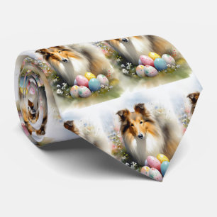 Rough Collie Dog with Easter Eggs Holiday Tie