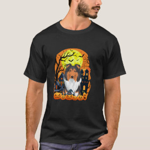 Rough Collie Dog With Pumpkins Funny Scary Hallowe T-Shirt