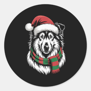 Rough Collie Dog Xmas Santa Hat Scarf Christmas Co Classic Round Sticker