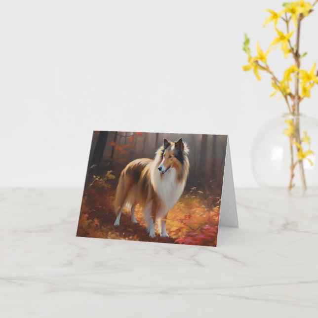Rough Collie in Autumn Leaves Fall Inspire Card (Yellow Flower)