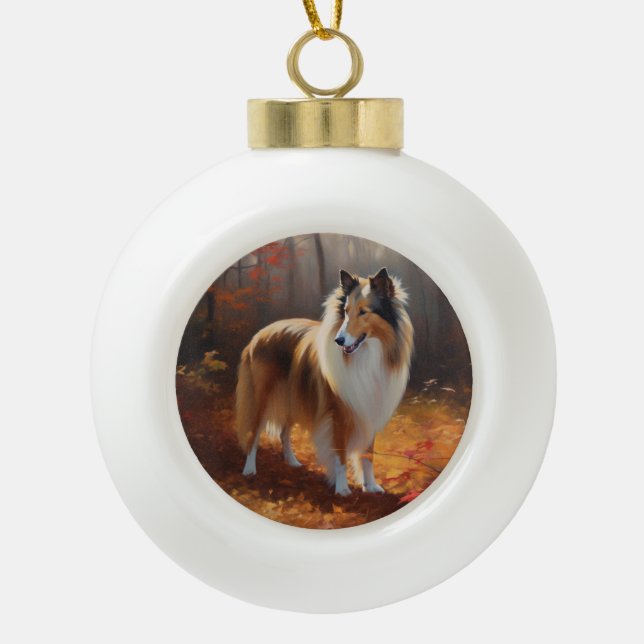 Rough Collie in Autumn Leaves Fall Inspire Ceramic Ball Christmas Ornament (Front)