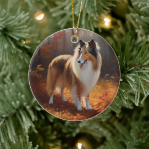 Rough Collie in Autumn Leaves Fall Inspire Ceramic Tree Decoration