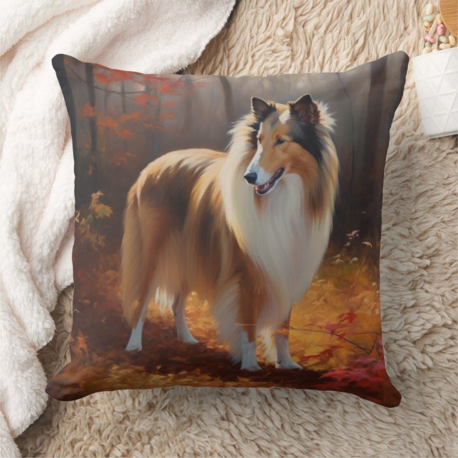 Rough Collie in Autumn Leaves Fall Inspire Cushion (Blanket)