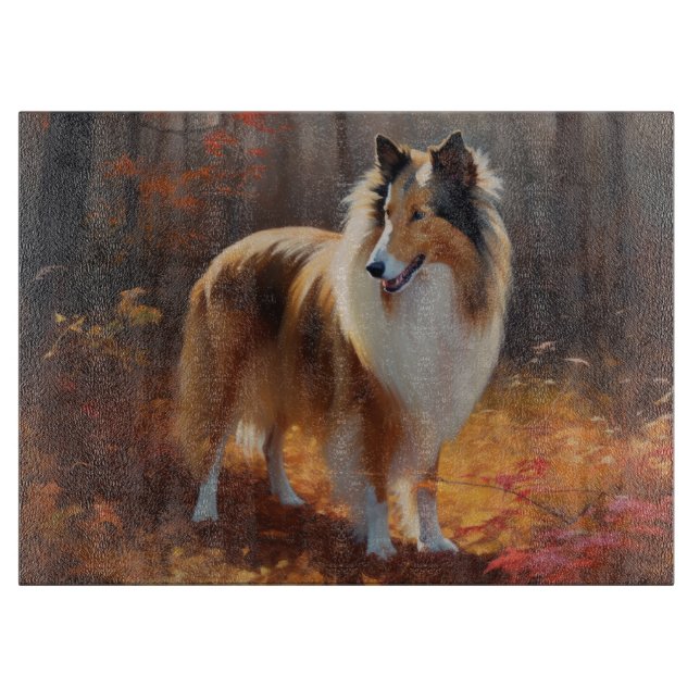 Rough Collie in Autumn Leaves Fall Inspire Cutting Board (Front)