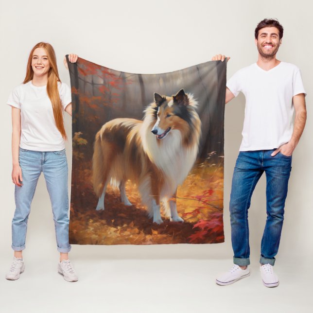 Rough Collie in Autumn Leaves Fall Inspire Fleece Blanket (In Situ)