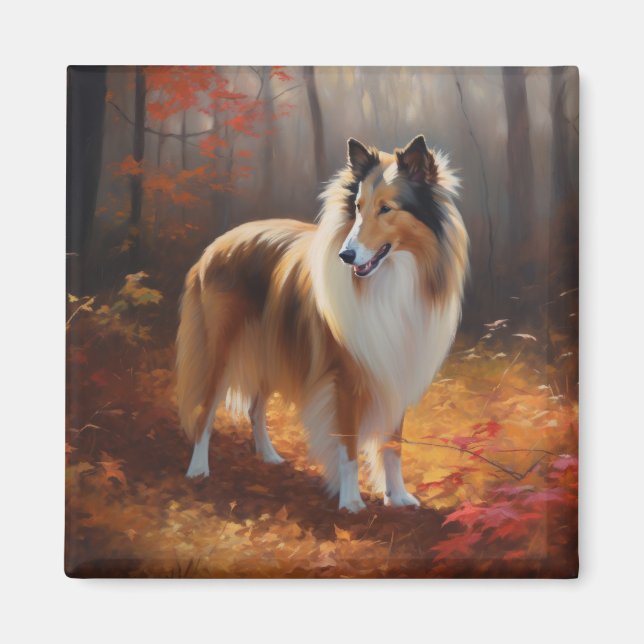 Rough Collie in Autumn Leaves Fall Inspire Magnet (Front)