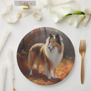 Rough Collie in Autumn Leaves Fall Inspire Paper Plate
