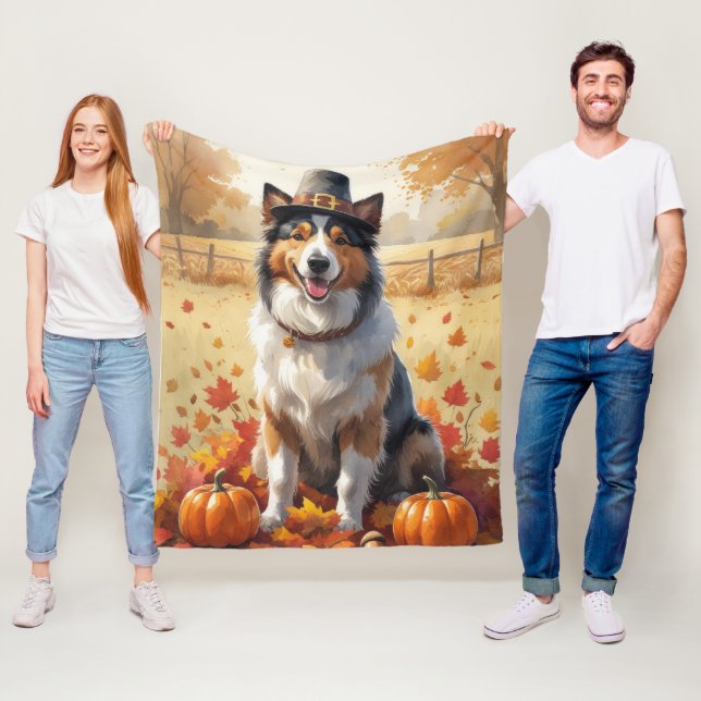 Rough Collie In Autumn Leaves Thanksgiving Art Fleece Blanket (In Situ)