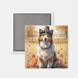Rough Collie In Autumn Leaves Thanksgiving Art Magnet