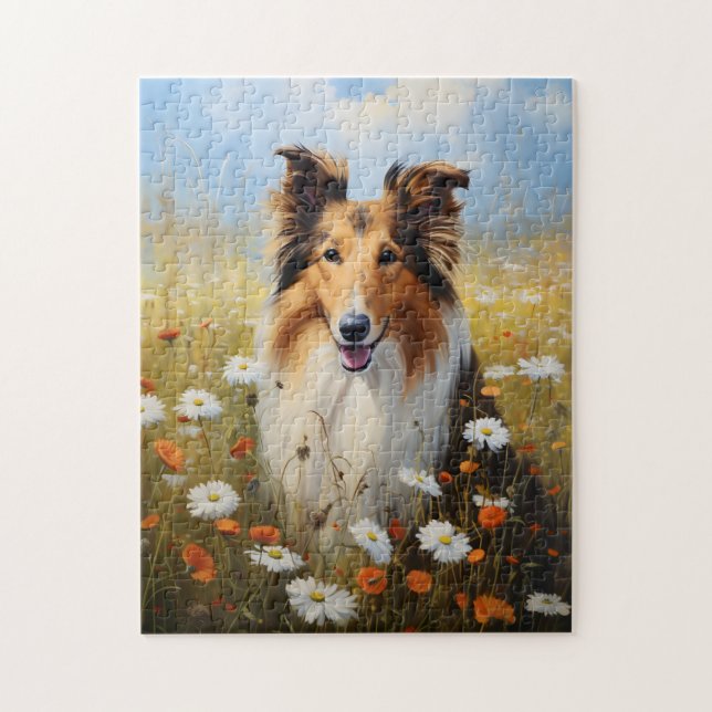Rough Collie in Flower Field Jigsaw Puzzle (Vertical)