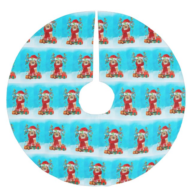 Rough Collie in snow with Christmas gifts  Brushed Polyester Tree Skirt (Front)