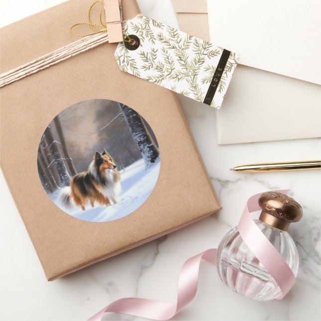 Rough Collie Let It Snow Christmas Classic Round Sticker (Gifting)