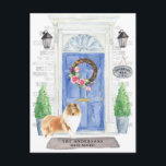 Rough Collie Moving Announcement Postcard<br><div class="desc">Announce your new address with our stylish announcement featuring a Rough Collie,  blue front door,  welcome mat,  slate sign,  topiaries and a floral wreath set on a grey brick background.</div>