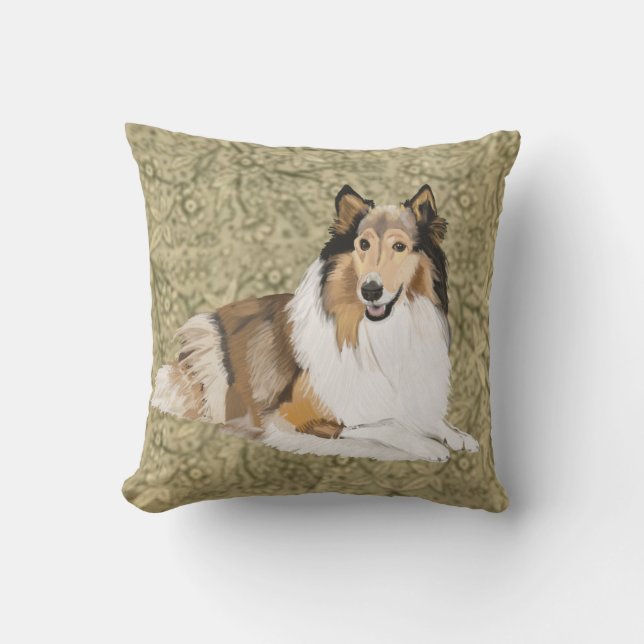 Rough Collie on a Brown Floral background Cushion (Front)