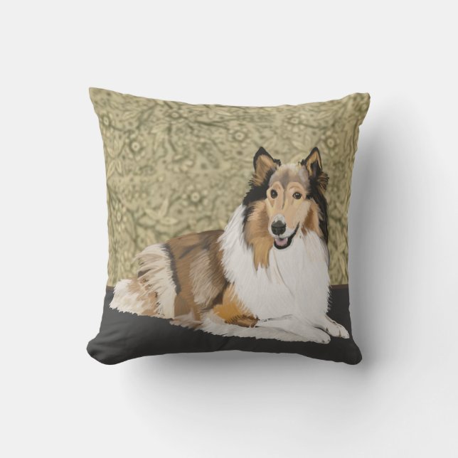 Rough Collie on a Brown Floral background Cushion (Front)