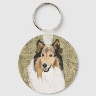 Rough Collie on a Brown Floral background Key Ring