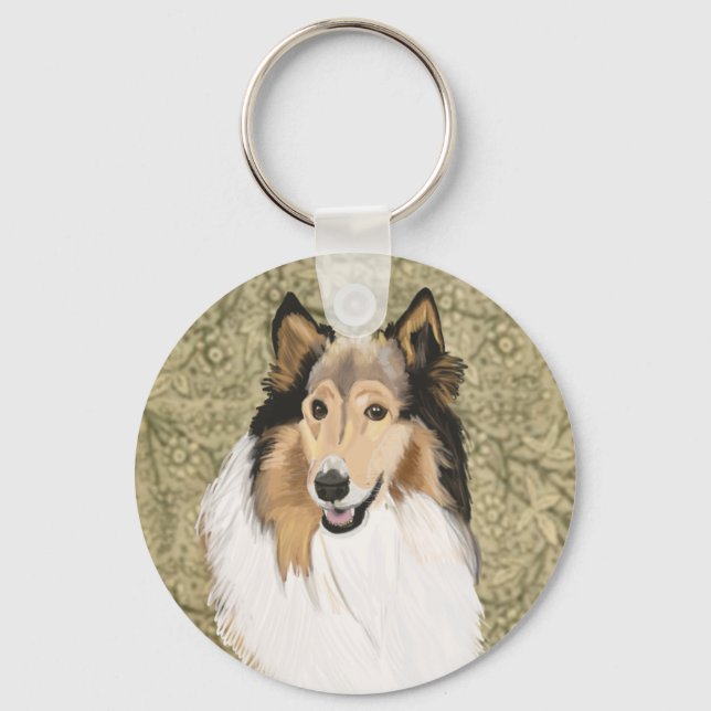 Rough Collie on a Brown Floral background Key Ring (Front)