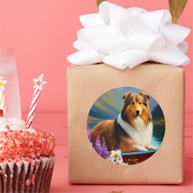 Rough Collie on a Paddle: A Scenic Adventure Classic Round Sticker (Party)