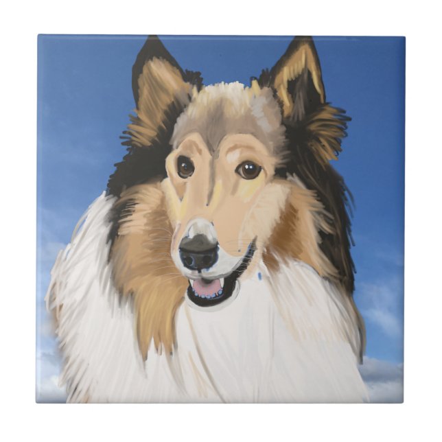 Rough Collie Portrait against blue sky Tile (Front)