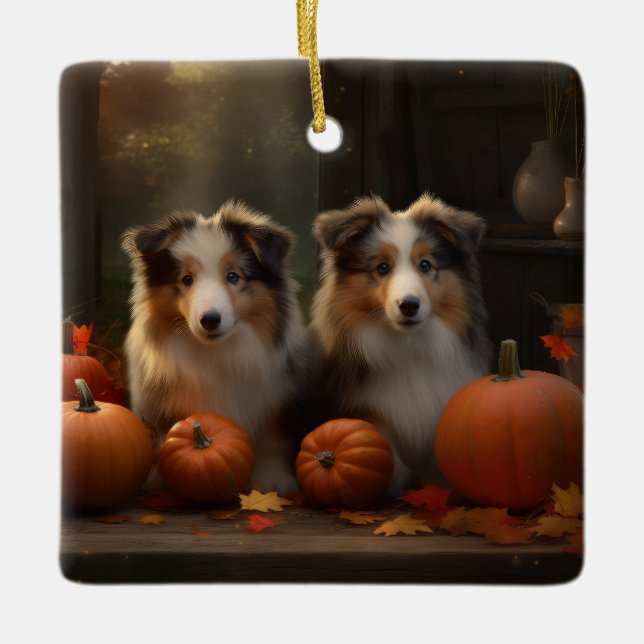 Rough Collie Puppy Autumn Delight Pumpkin  Ceramic Ornament (Front)