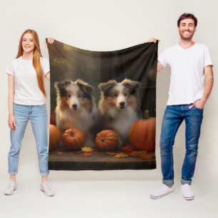 Rough Collie Puppy Autumn Delight Pumpkin Fleece Blanket