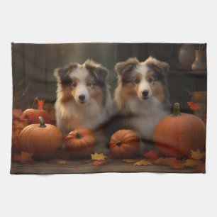 Rough Collie Puppy Autumn Delight Pumpkin Tea Towel