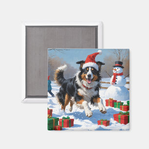 Rough Collie Running in Snow with Christmas Hat Magnet