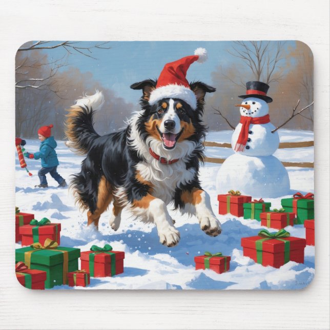 Rough Collie Running in Snow with Christmas Hat Mouse Pad (Front)