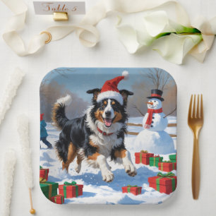 Rough Collie Running in Snow with Christmas Hat Paper Plate