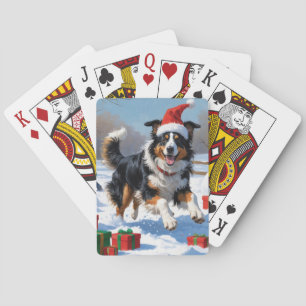 Rough Collie Running in Snow with Christmas Hat Playing Cards