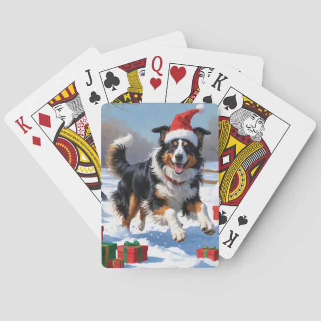 Rough Collie Running in Snow with Christmas Hat Playing Cards (Back)