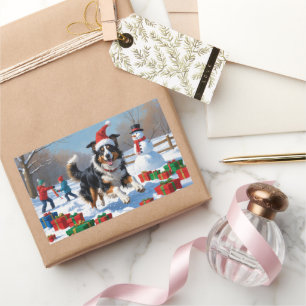 Rough Collie Running in Snow with Christmas Hat Rectangular Sticker