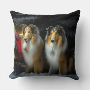 Rough Collie Snowy Sleigh Christmas Decor Cushion