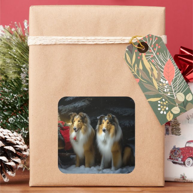 Rough Collie Snowy Sleigh Christmas Decor Square Sticker (Holiday)