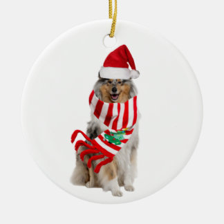 Rough Collie With Hat Scaft Christmas Ceramic Tree Decoration