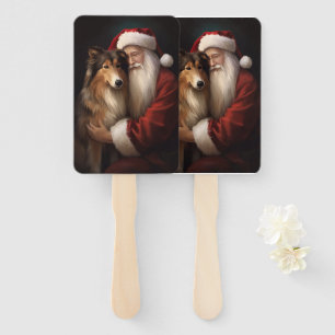 Rough Collie With Santa Claus Festive Christmas Hand Fan