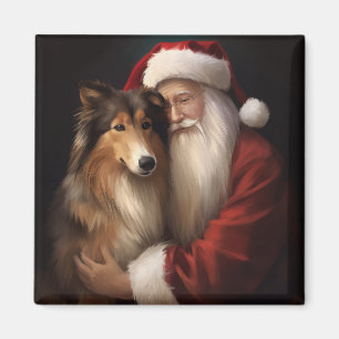 Rough Collie With Santa Claus Festive Christmas  Magnet