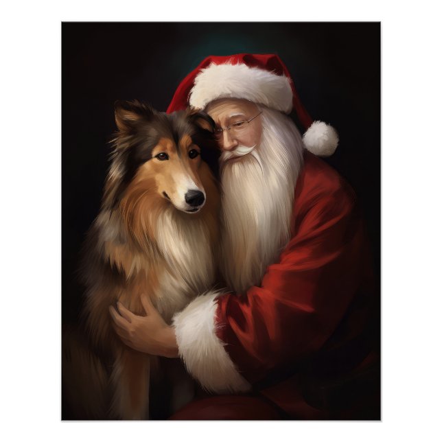Rough Collie With Santa Claus Festive Christmas  Poster (Front)