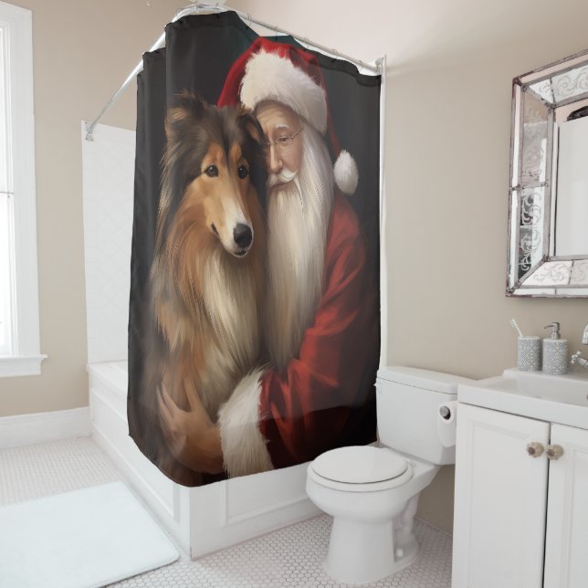 Rough Collie With Santa Claus Festive Christmas  Shower Curtain (In Situ)