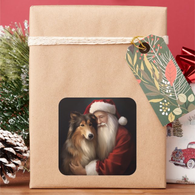 Rough Collie With Santa Claus Festive Christmas  Square Sticker (Holiday)