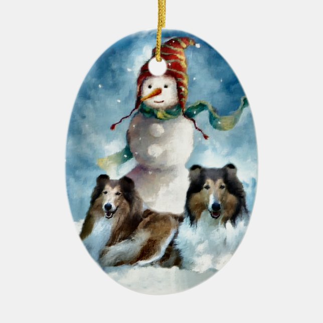 Rough Collie with Snowman Christmas Ceramic Tree Decoration (Front)