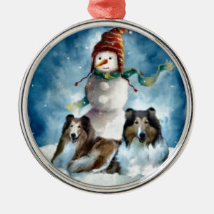 Rough Collie with Snowman Christmas Metal Tree Decoration