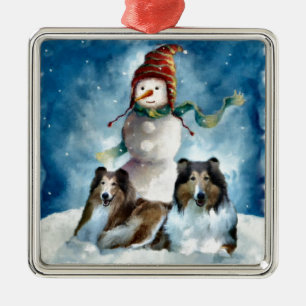 Rough Collie with Snowman Christmas Metal Tree Decoration