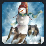 Rough Collie with Snowman Christmas Square Sticker<br><div class="desc">Equisite rough collie Christmas art. Wonderful Holiday merchandise gift ideas for the Collie lover on your shopping list. xmas products include cards,  ornaments,  hoodies,  sweatshirts,  more. Give as Christmas gifts or treat yourself!</div>