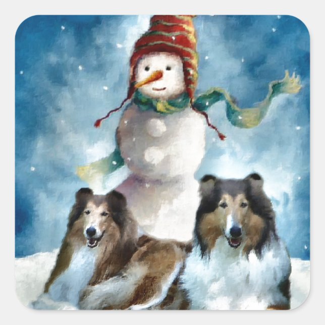 Rough Collie with Snowman Christmas Square Sticker (Front)
