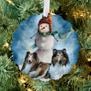 Rough Collie with Snowman Christmas Tree Decoration Card