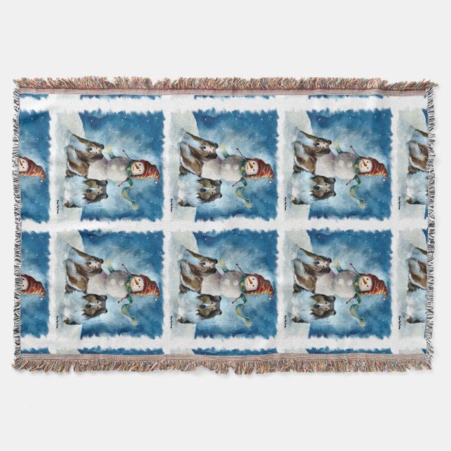 Rough Collies with Snowman Christmas Throw Blanket (Front)