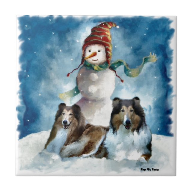 Rough Collies with Snowman Christmas Tile (Front)