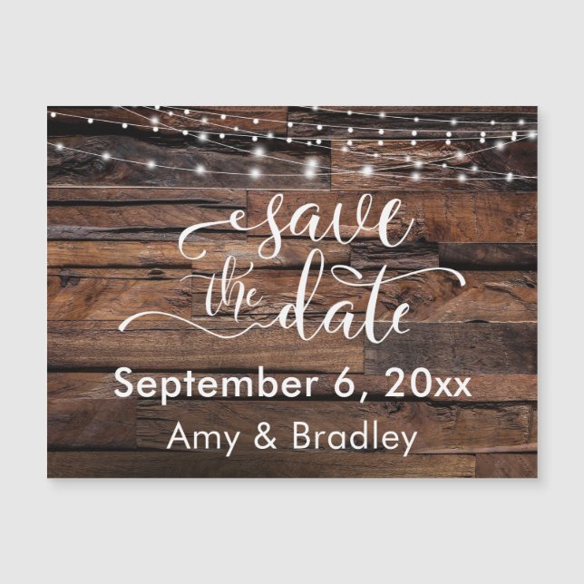 Rough Wood & Lights Save the Date Magnetic Card (Front)