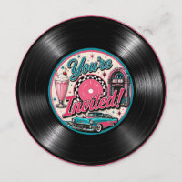 Round 50s Retro Vinyl Record Birthday Invitation